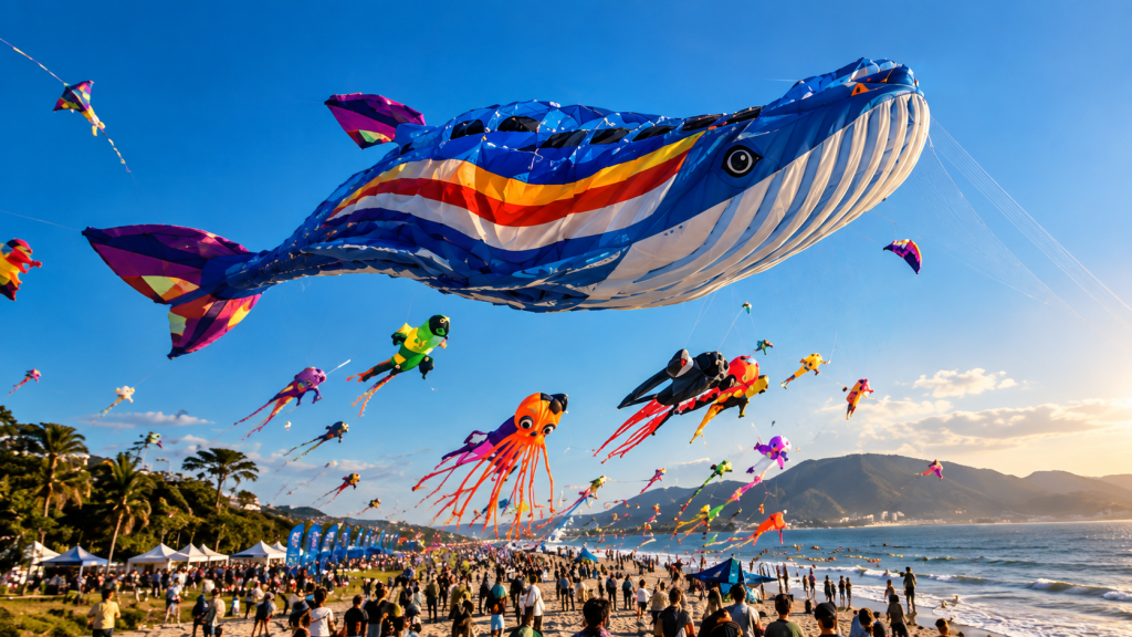 Pipa gigante em forma de baleia sobrevoando a praia durante o festival