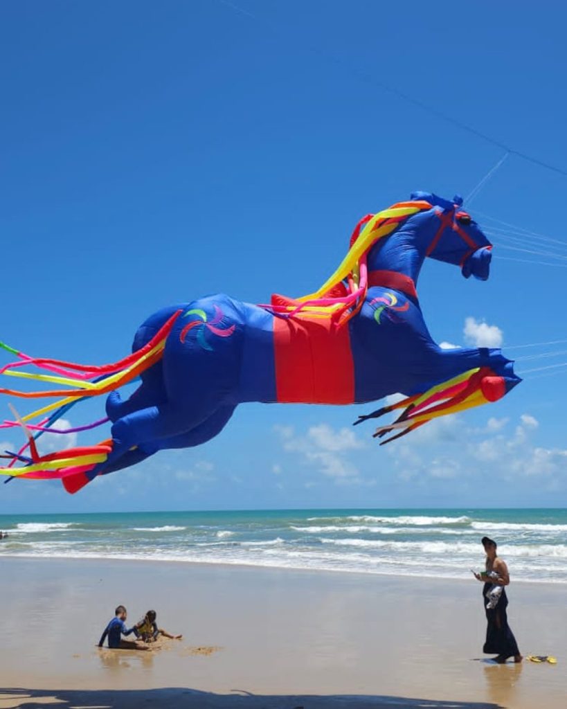Pipa gigante em forma de cavalo sobrevoando a praia