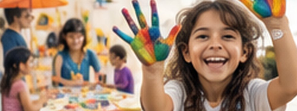 Criança sorrindo com as mãos pintadas de tinta colorida em oficina de artes