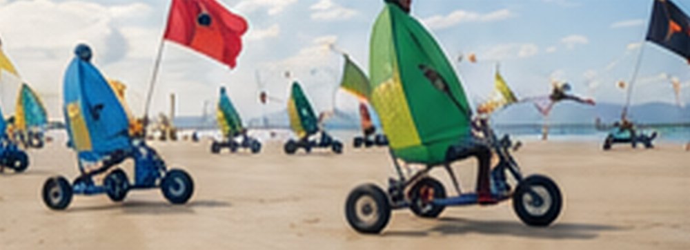 Carros a vela e buggies com velas coloridas na praia